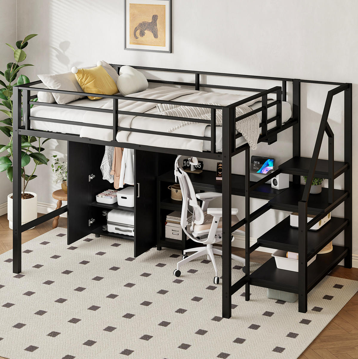 HOCHBETT 140/200 cm mit Kleiderschrank, Regalen, Ablageleiter und Schreibtisch, Schwarz - Schwarz, Metall (140/200cm) - Redom