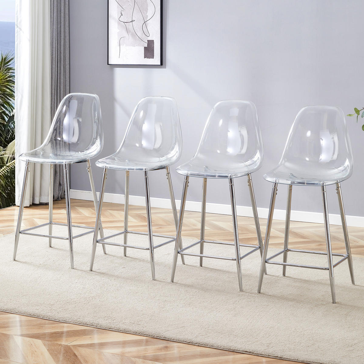 BARHOCKER DE-36582 4er Set mit transparenter Sitzschale Schwarz - Silberfarben, Kunststoff (45/102/51cm) - ComfortXL