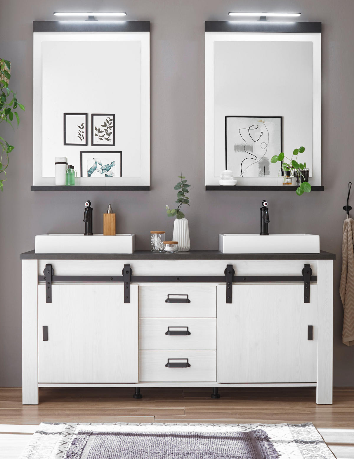 BADMÖBEL-SET weiß Pinie, anthrazit Landhaus, Doppelwaschtisch mit Waschbecken und LED - Anthrazit/Weiß, Holzwerkstoff/Metall (163/210/43cm) - Furn.Design