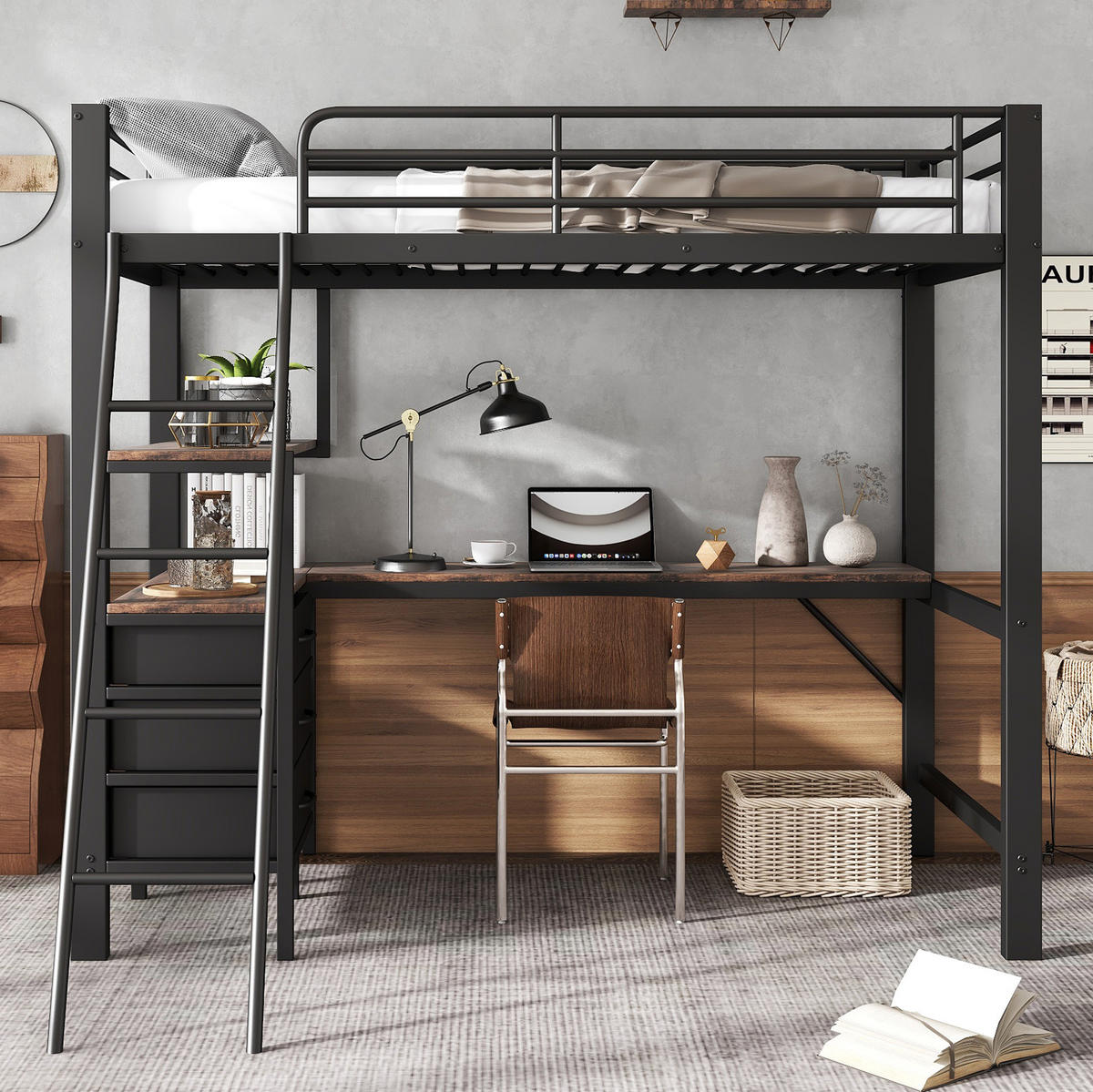 HOCHBETT 90/200 cm in Schwarz mit 2 m Schreibtisch und 3 Schubladen - Schwarz, Metall (90/200cm) - Flora Grace