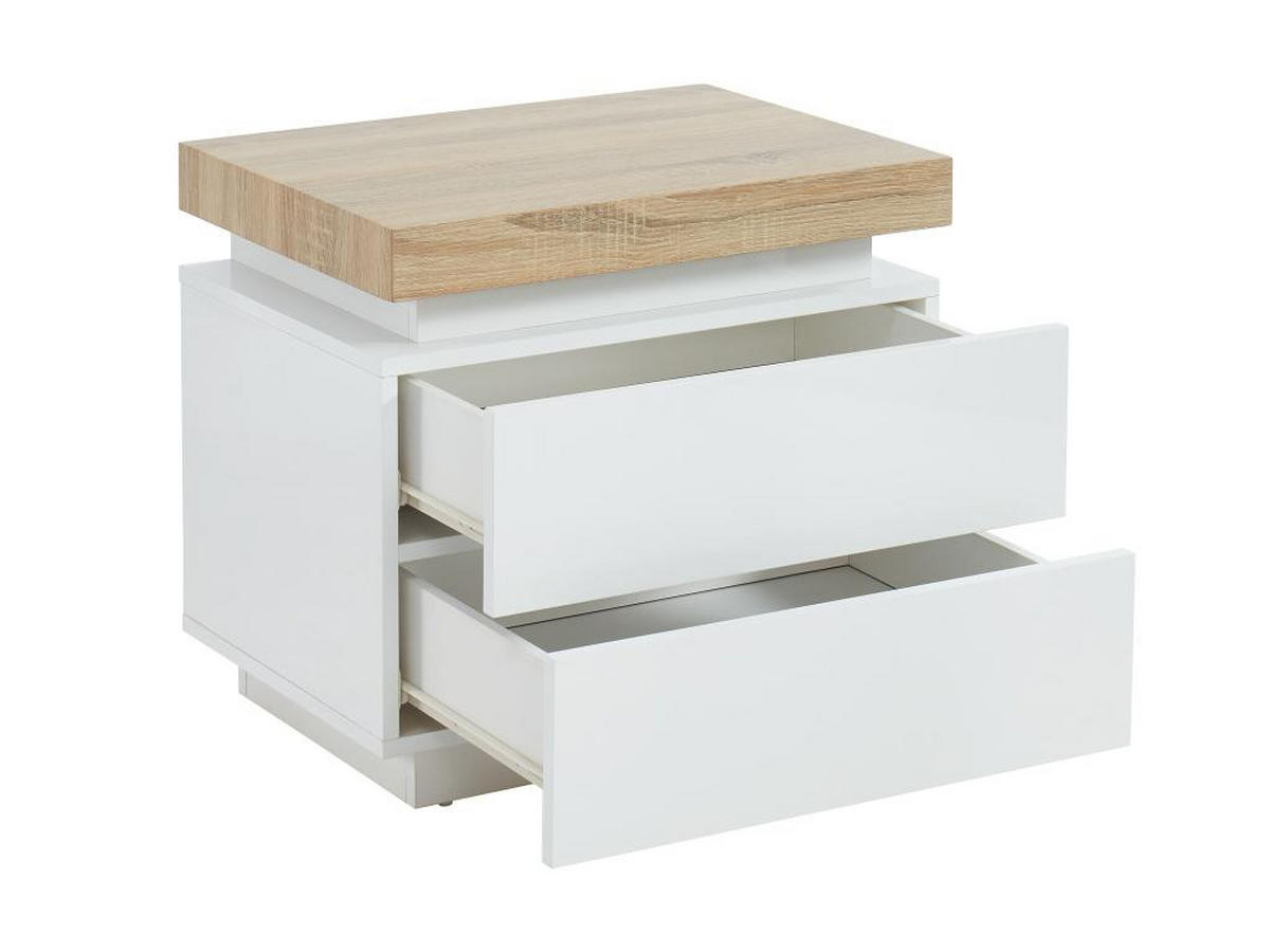 2ER-SET Nachttische mit 2 Schubladen & LEDs - MDF lackiert - Weiß & Eichefarben - HALO II - Naturfarben, Holz (40/50/55cm) - Vente-Unique