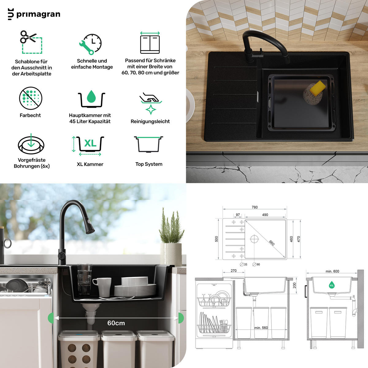 GRANITSPÜLE Kopenhagen, 2-er set Alles Weiß 78/50 cm 1 Becken + Küchenarmatur 40/20 cm + Ablauf-Set + Schneidebrett ab 60er Unterschrank - Beige/Weiß, Kunststoff (78/20/50cm) - Primagran