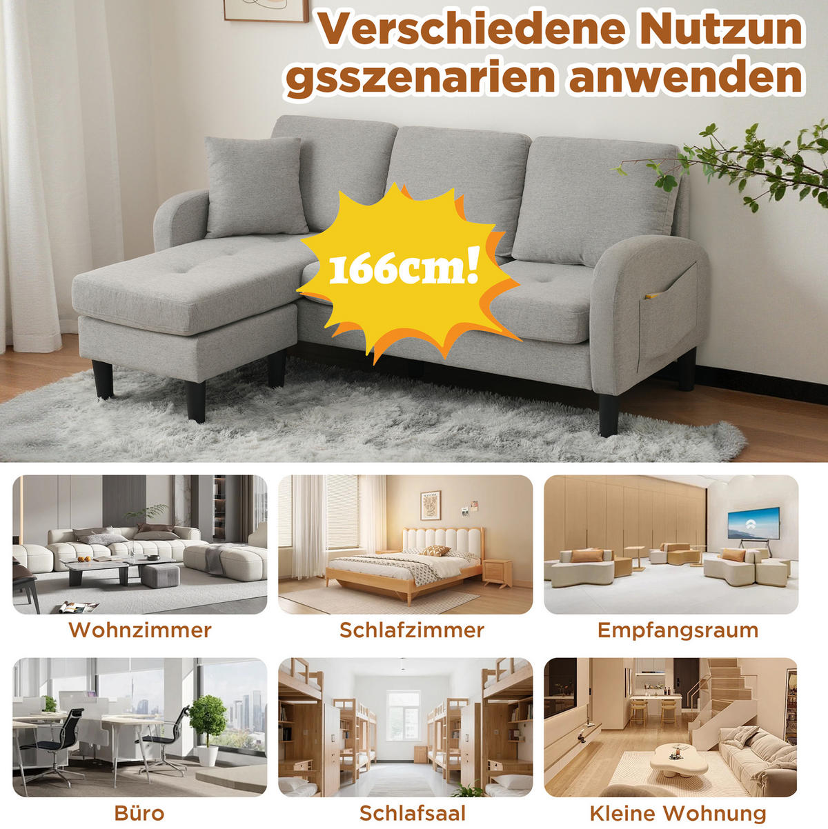 ECKSOFA Baumwoll-Leinen Bezug modular mit Chaiselongue Grau 166/118/77 cm - Grau, Textil (166/118cm) - Redom