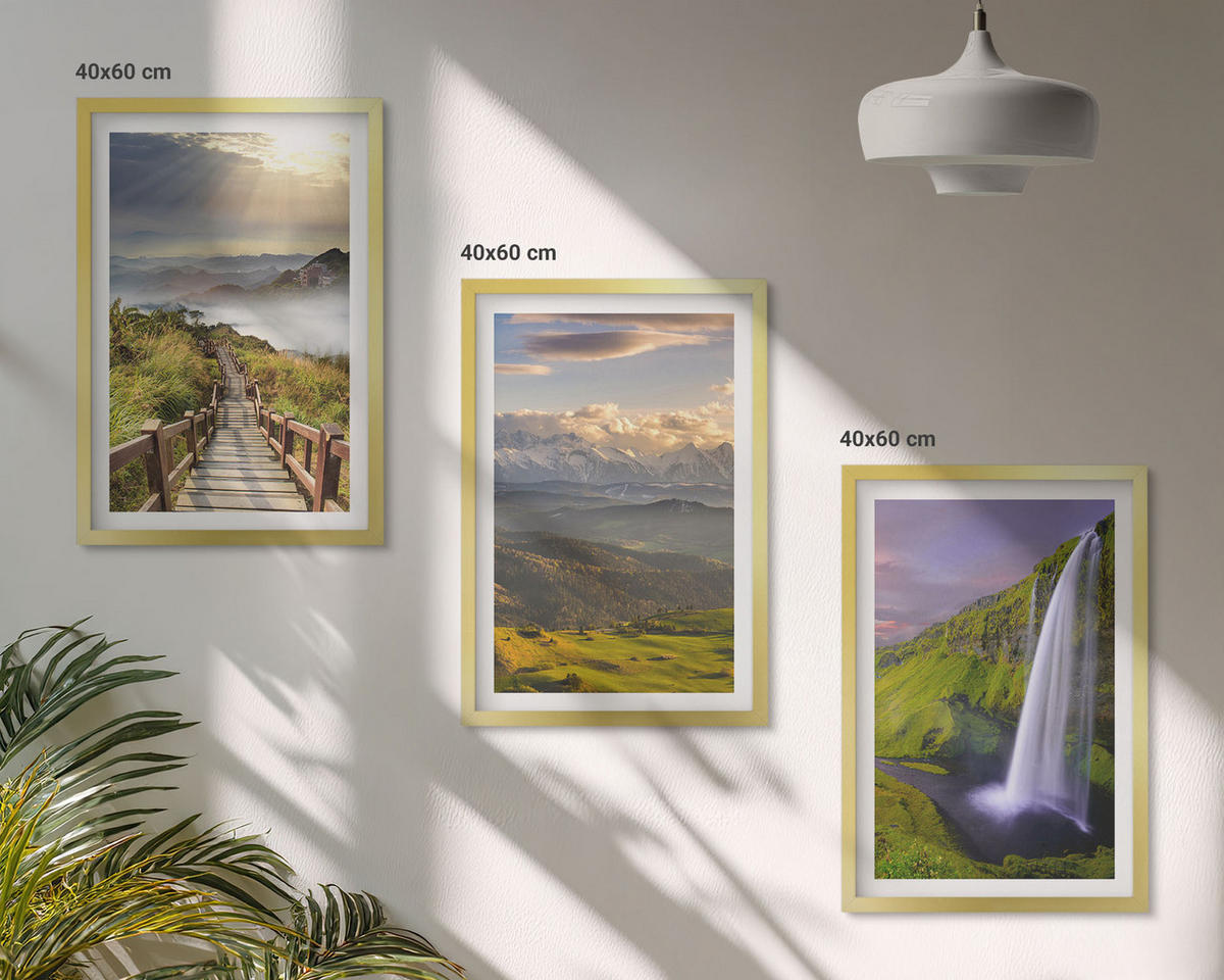 WANDBILDER 3er Set - 40x60 cm Goldrahmen - Berglandschaften Wasserfall - Goldfarben, Kunststoff (40/60cm) - ArtPrintCave