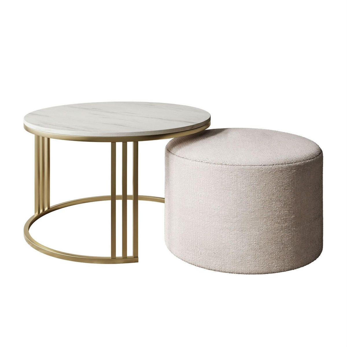 COUCHTISCH mit Hocker LORI MAT gebürstetes Gold/Marmor Levanto/Perfect Harmony 01 - Weiß, Metall (70/70/49cm) - Lookway