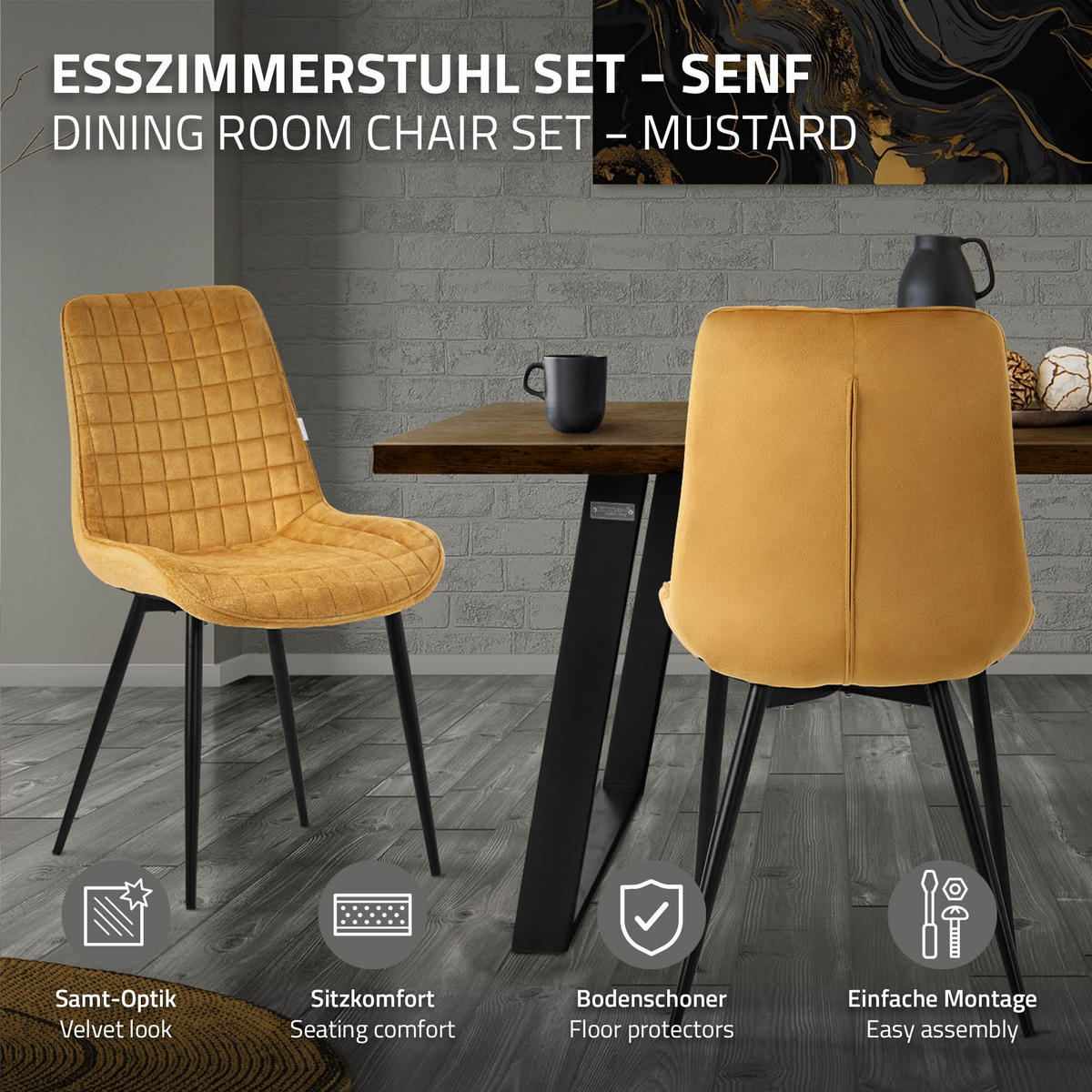 ESSZIMMERSTÜHLE 6ER-SET Senfgelb Samt - Dunkelgelb/Schwarz, Textil/Metall (52/89/60cm) - ML-DESIGN