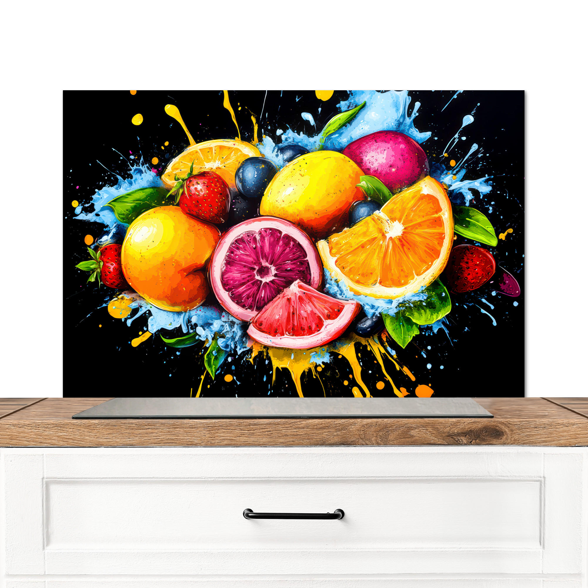SPRITZSCHUTZ KÜCHE Obst - Graffiti - Bunt - Orange - Erdbeere - Abstrakt 80x55 cm - Orange, Metall (80/0.3/55cm) - MuchoWow