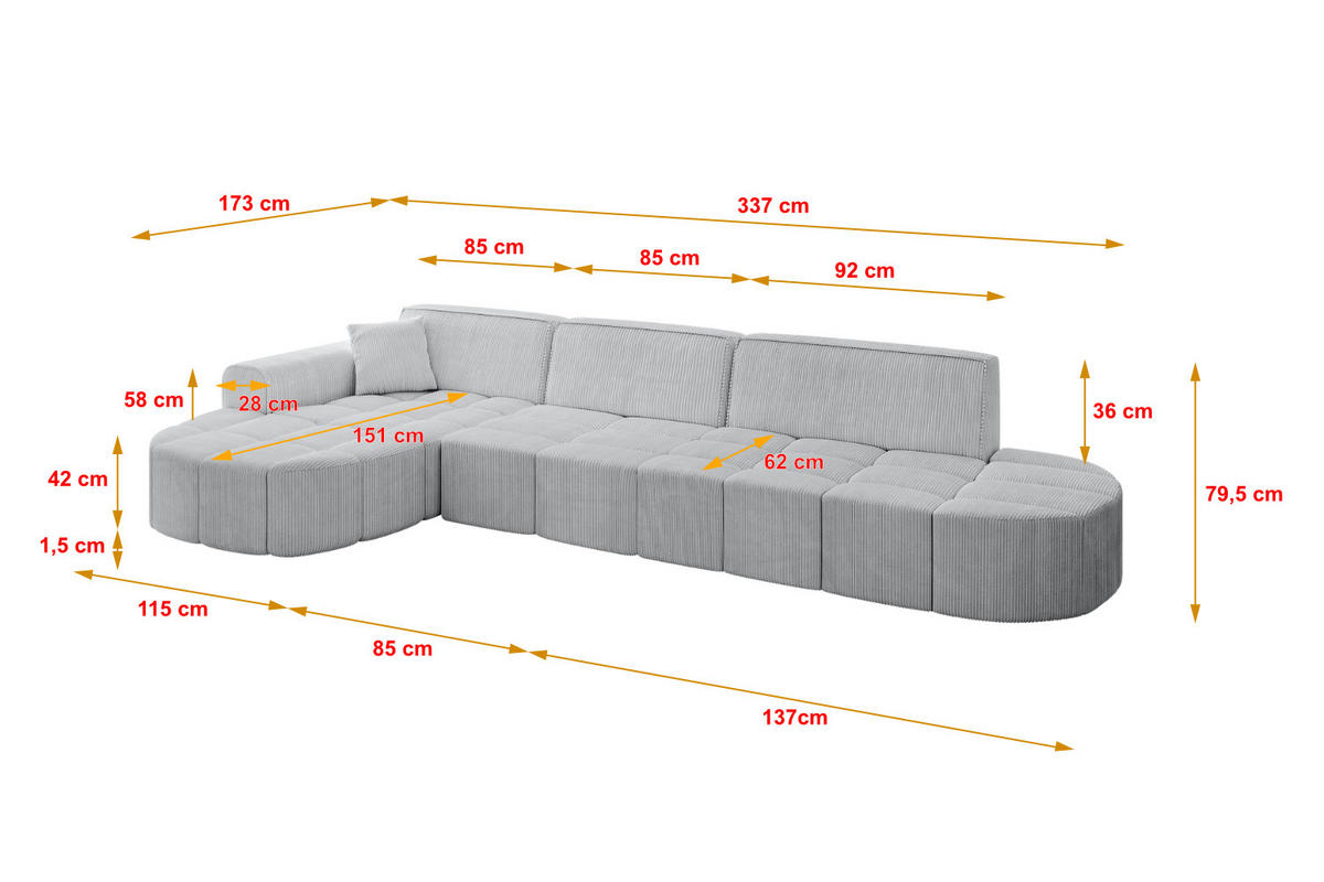ECKSOFA Ottomane Links LIVO-L2 - 337x173x79,5 cm Grau - Grau, Holzwerkstoff/Textil (337/173cm) - ALTDECOR