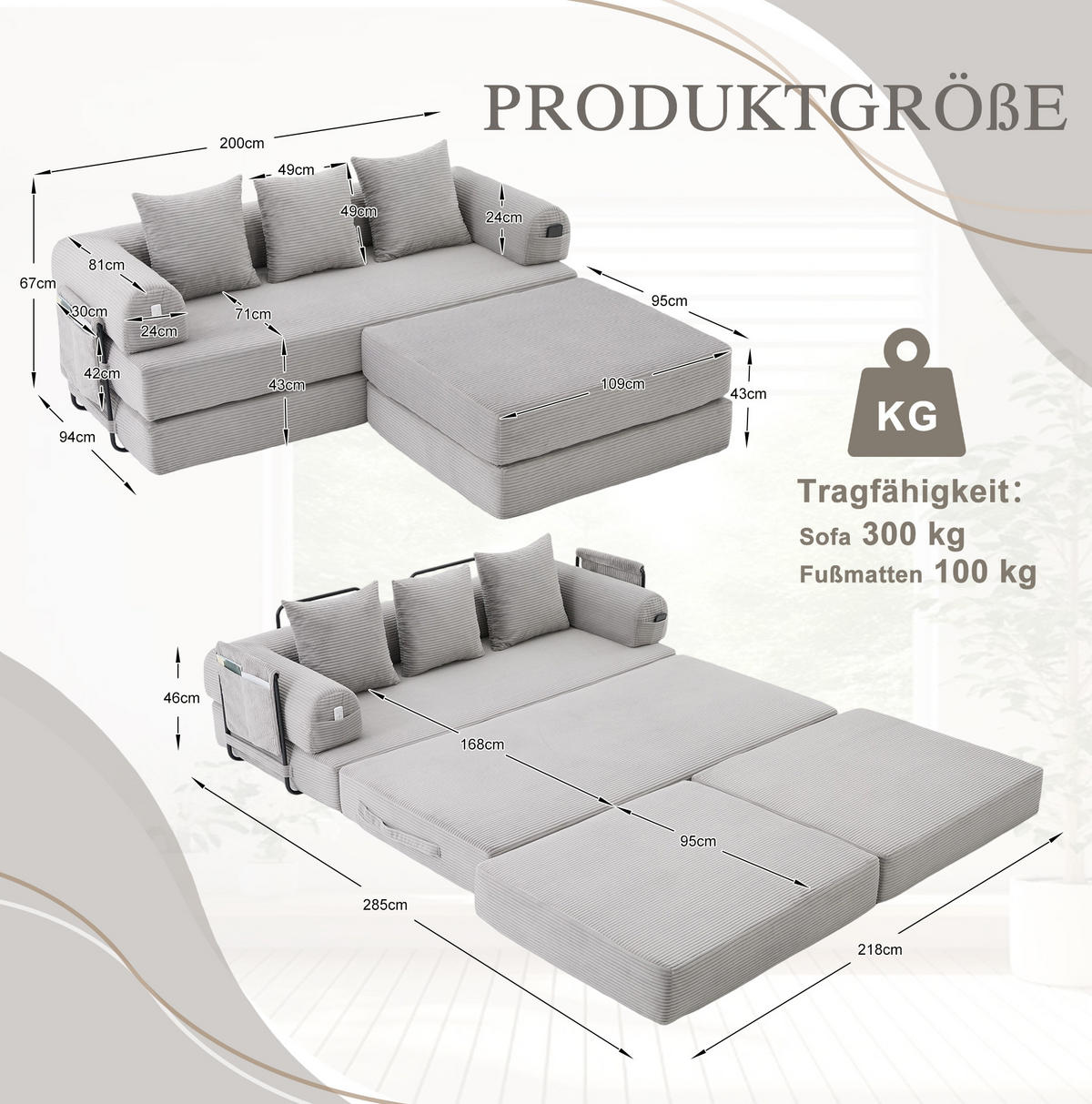 SOFA modular mit Hocker 200 x 190 cm Cord Hellgrau - Hellgrau, Kunststoff (190/200cm) - Meubliv