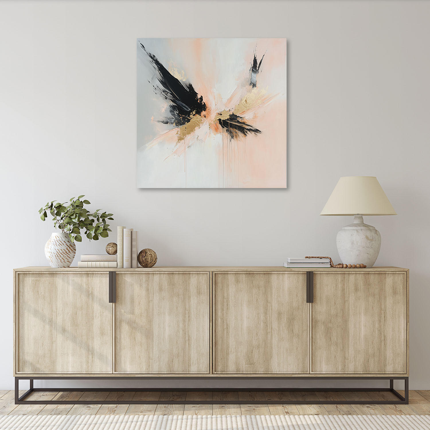 LEINWANDBILD Moderne Abstraktion Schwarz Gold Beige Spritzer 50x50cm - Beige, Textil (50/50cm) - Feeby