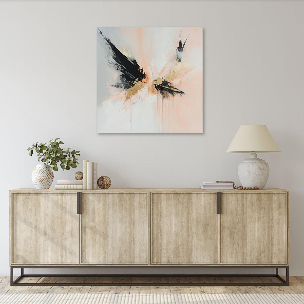 LEINWANDBILD Moderne Abstraktion Schwarz Gold Beige Spritzer 50x50cm - Beige, Textil (50/50cm) - Feeby