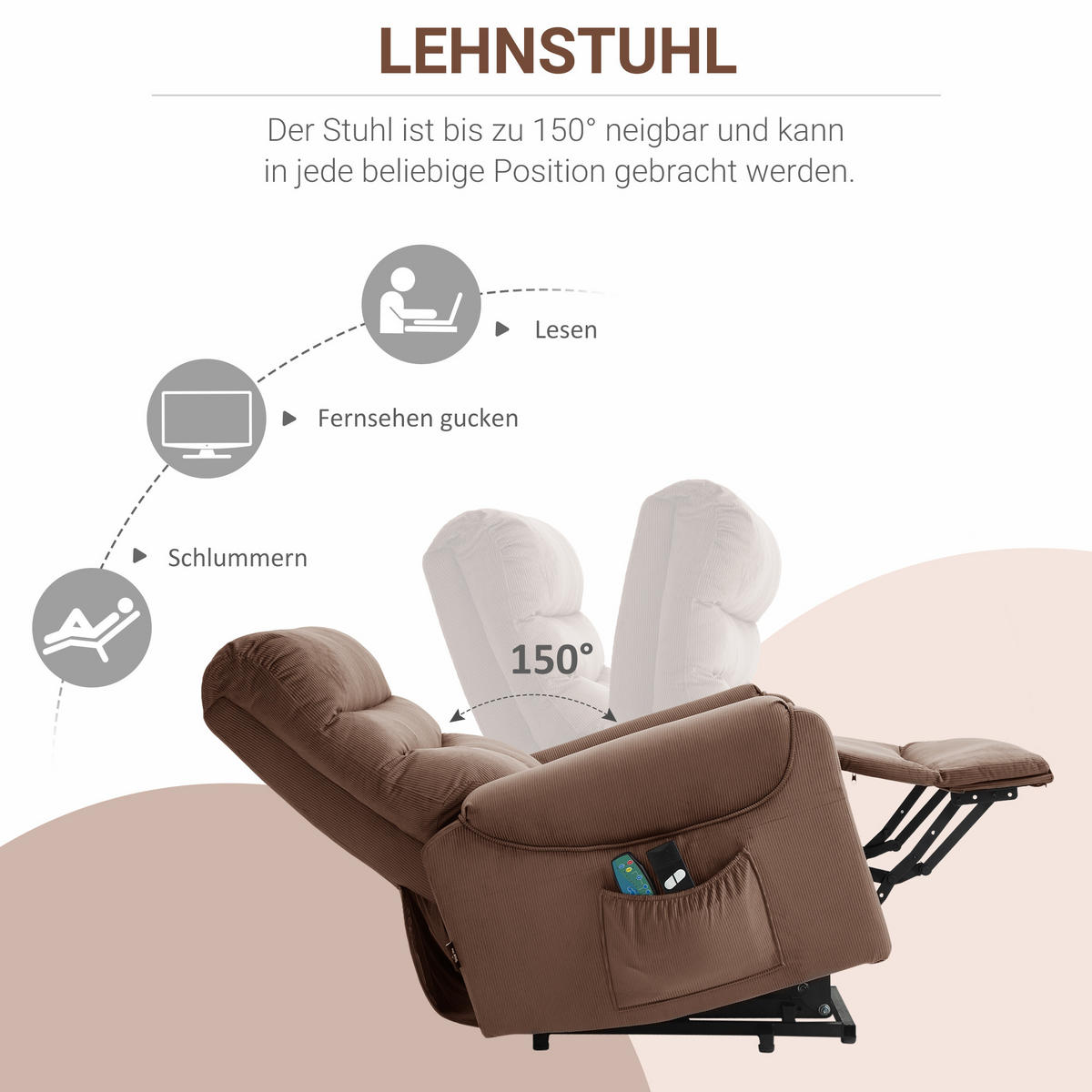 FERNSEHSESSEL Sessel mit Aufstehhilfe mit Massagefunktion Heizung Braun - Schwarz/Braun, Textil/Metall (97/103/79cm) - HOMCOM
