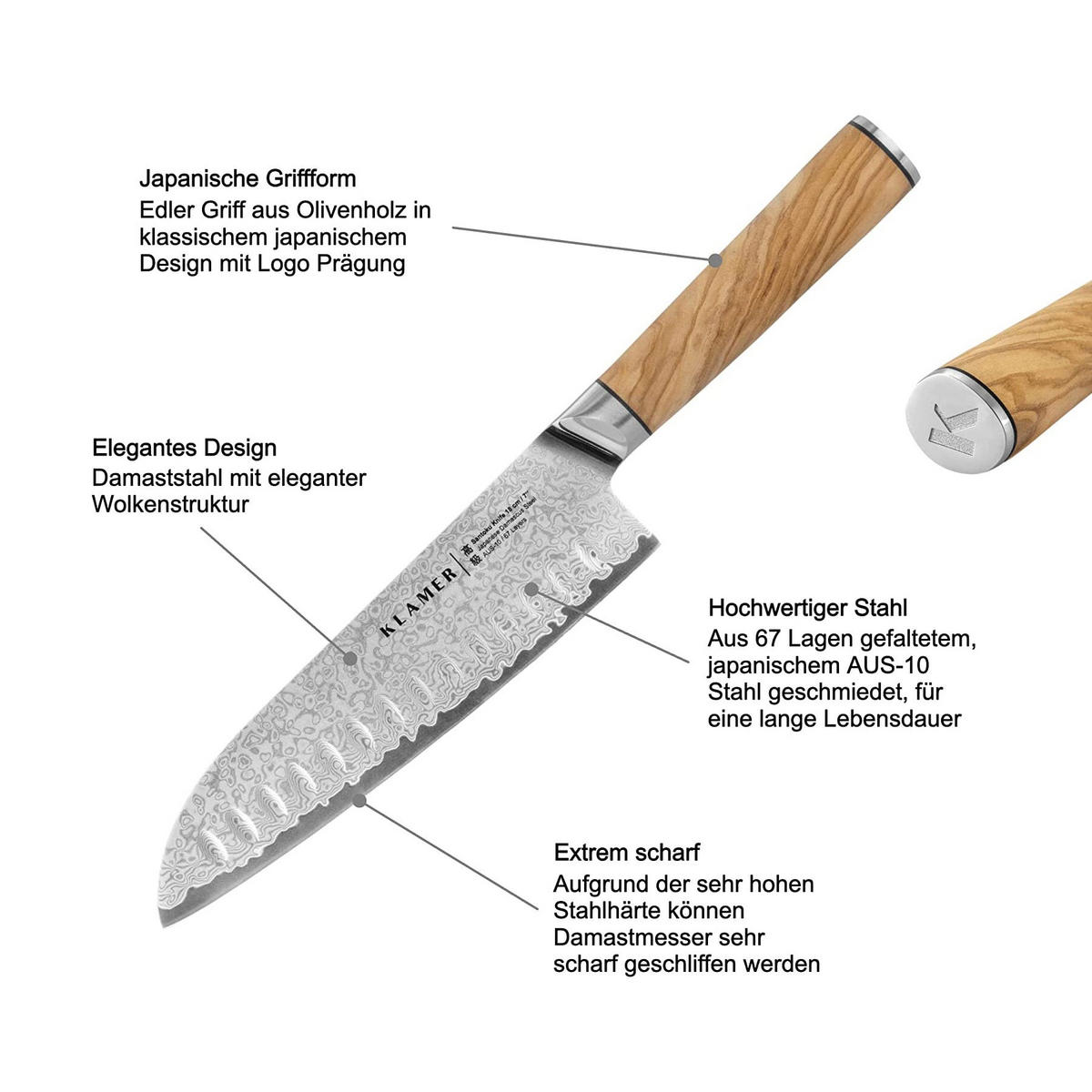 MESSER Premium Santoku Damastmesser 18 cm Olivenholz - Braun, Metall (32cm) - KLAMER