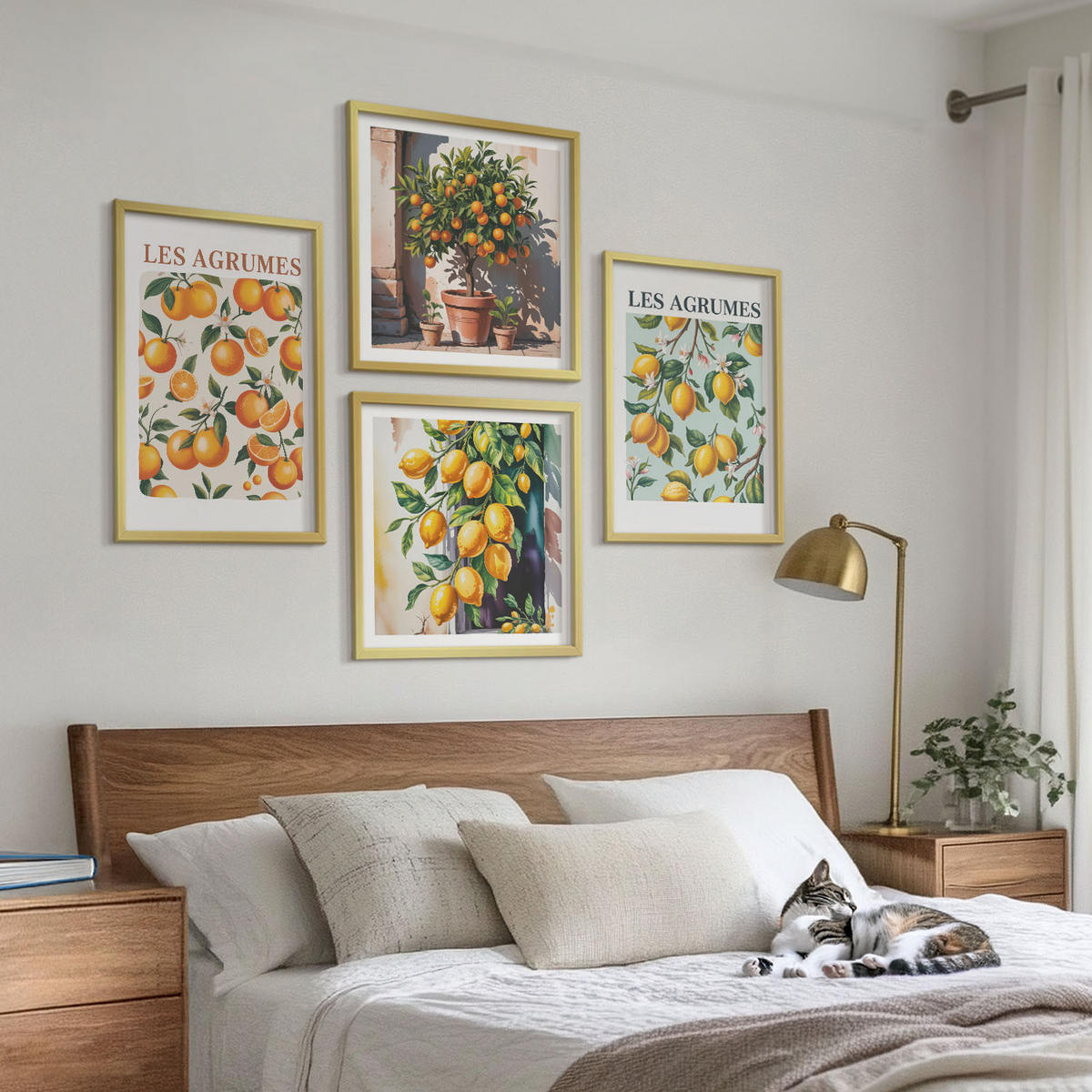 BILDER SET 4er Set - 50x50 cm & 40x60 cm Goldrahmen - Fruchtige Zitrusmuster - Goldfarben, Kunststoff (50/50cm) - TULUP