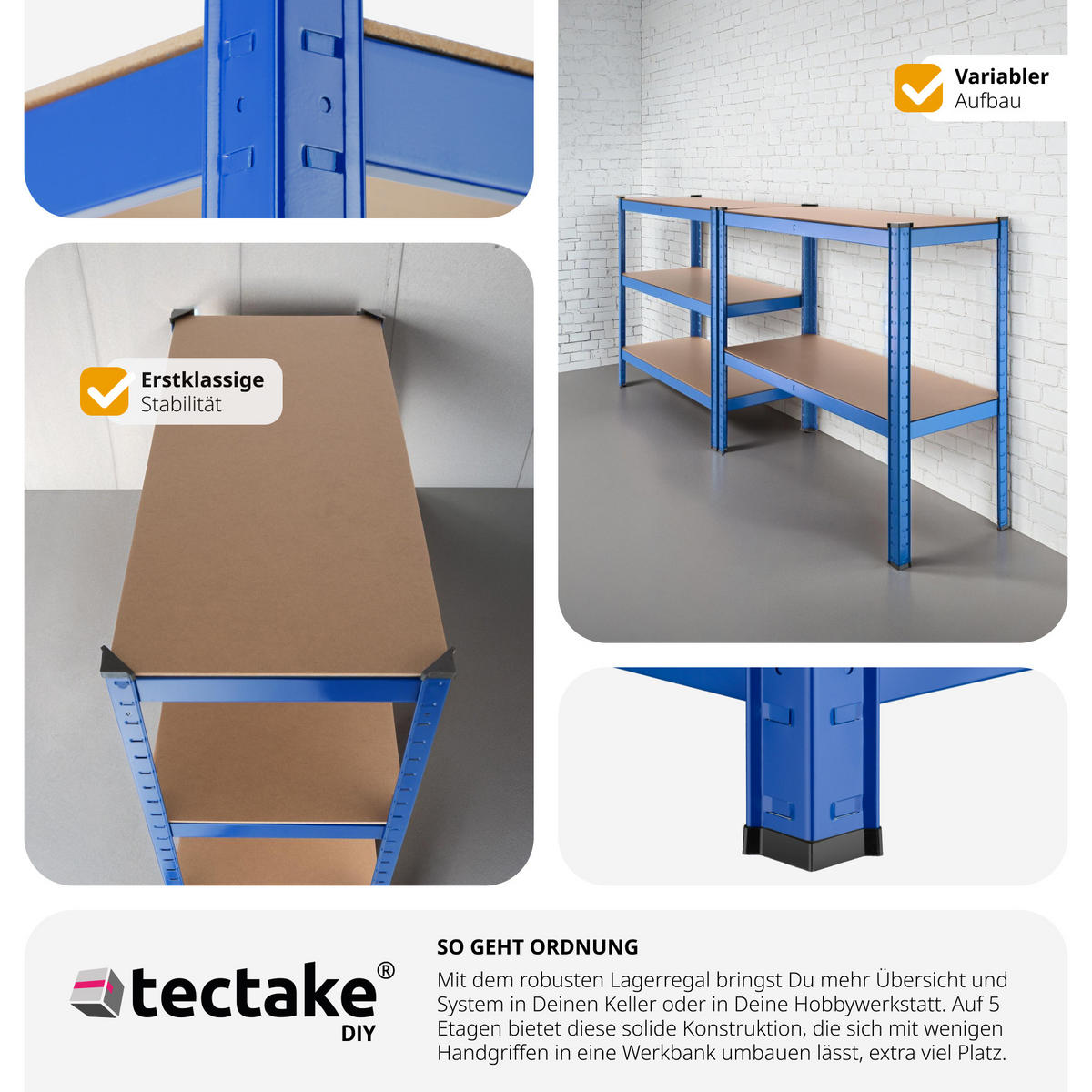 SCHWERLASTREGAL ,90,5 x 40,5 x 180,5 cm,blau - Blau, Metall (40.5/180.5/90.5cm) - tectake
