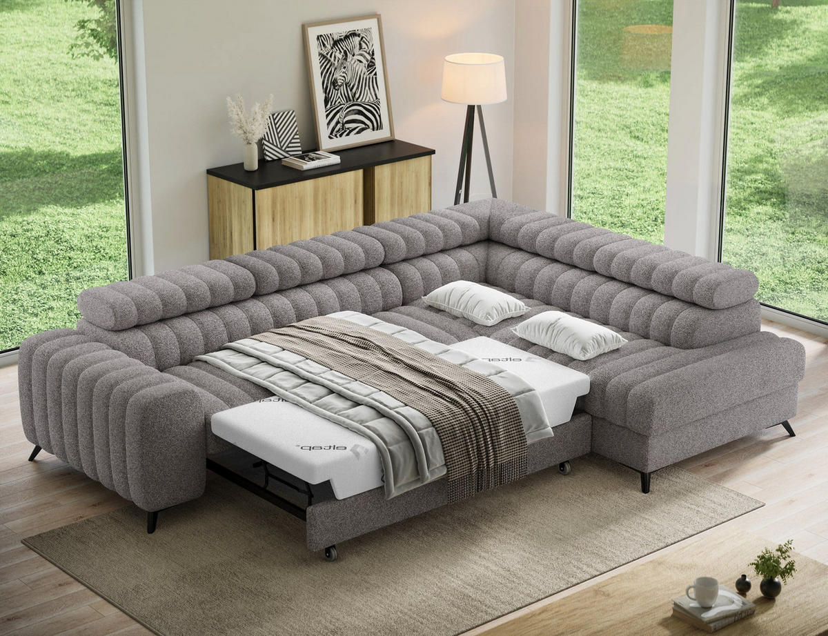 KANEDO Ecksofa mit Schlaffunktion und Bettkasten – Modernes Designsofa, verstellbare Kopfstützen, Metallfüße - Grau, Kunststoff (269/86cm) - Wohnideebilder