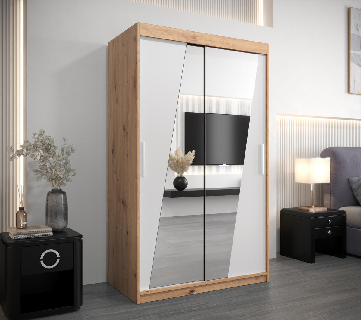 SCHWEBETÜRENSCHRANK 200/120/62 2-türig - Silberfarben/Weiß, Holz/Kunststoff (120/200/62cm) - Abiks Möbel