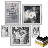 WANDBILDER 5er Set - 50x50 cm & 20x30 cm & 40x60 cm Silberner Rahmen - Abstrakte schwarz-weiße Muster - Silberfarben, Kunststoff (40/60cm) - ArtPrintCave