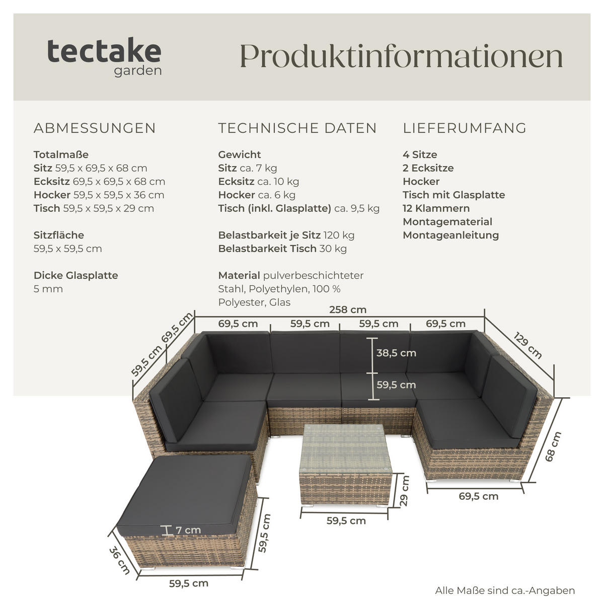 RATTANLOUNGE Venedig,mit Sicherheitsglasplatte,natur - Naturfarben, Kunststoff - tectake