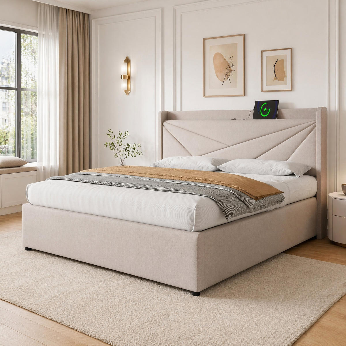 POLSTERBETT 160/200 mit Bettkasten und USB in Leinen - Beige, Holzwerkstoff/Textil (160/200cm) - EVRYAE