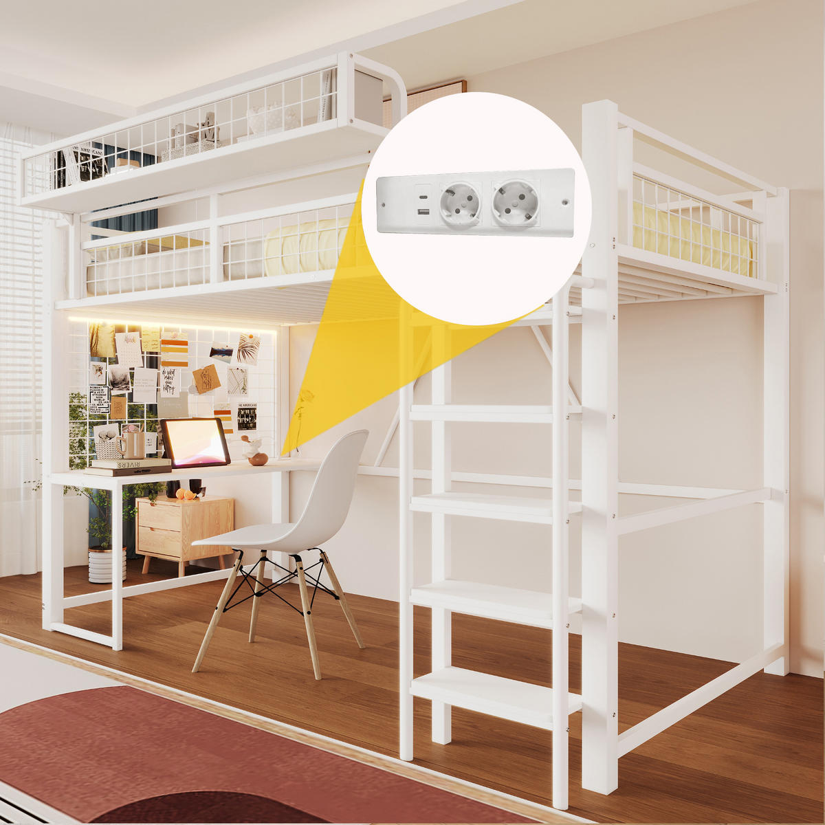 HOCHBETT 90/200 cm in Weiß mit Schreibtisch, LED, Steckdose und Ablage Metall modern - Weiß, Holzwerkstoff/Metall (90/200cm) - STILVORA