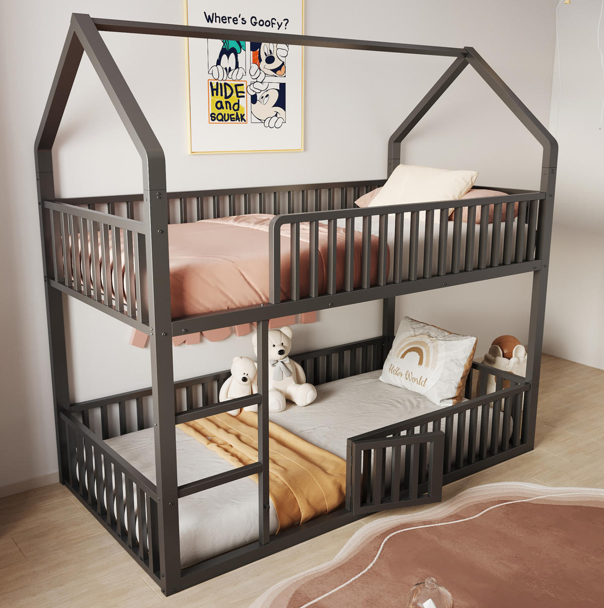 ETAGENBETT 90/200 cm mit Frontleiter, Hausrahmen und Tür, Schwarz - Schwarz, Metall (90/200cm) - Redom