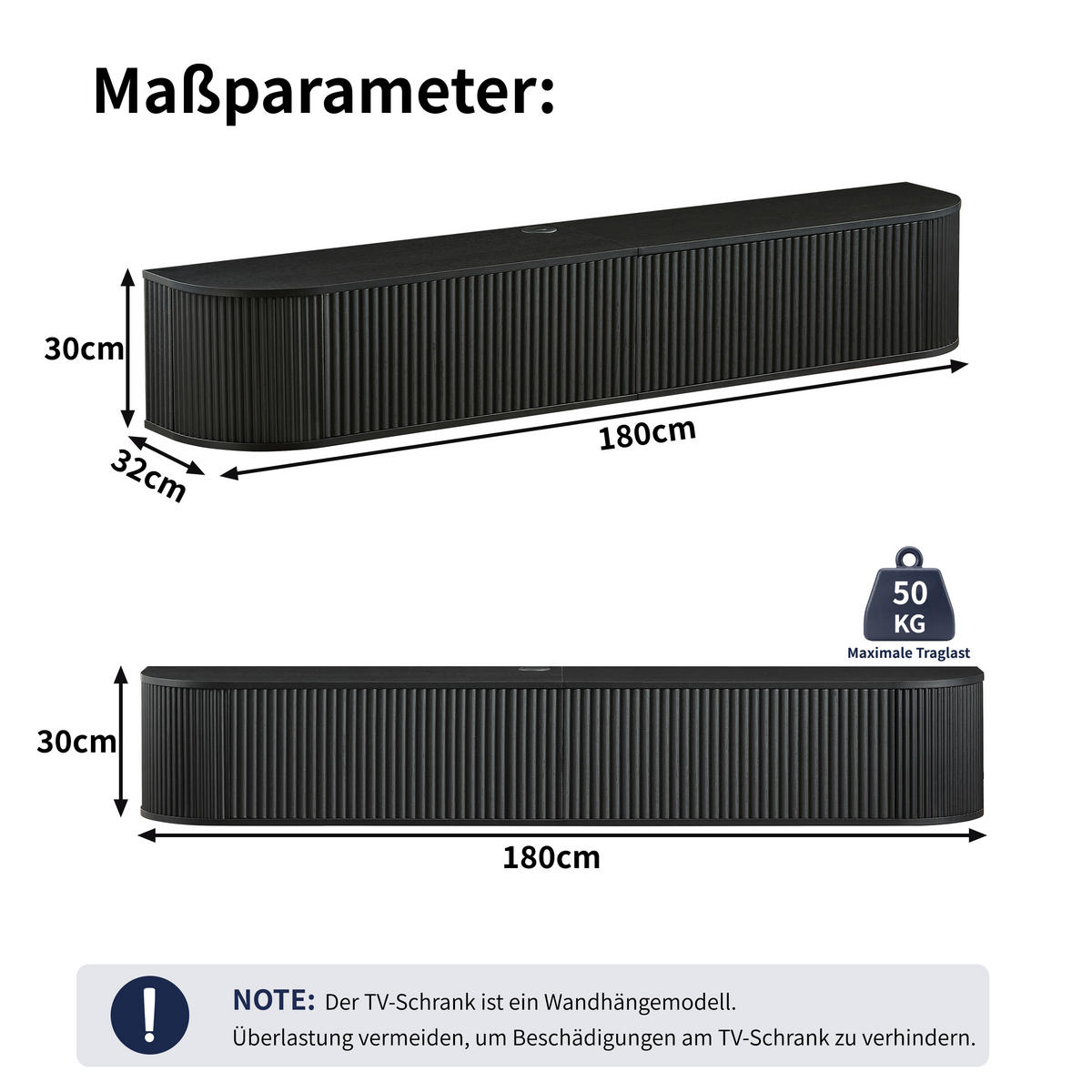 LOWBOARD DE-40522 Hängend mit Riffeltüren Schwarz - Schwarz, Holzwerkstoff (180/30/32cm) - ComfortXL