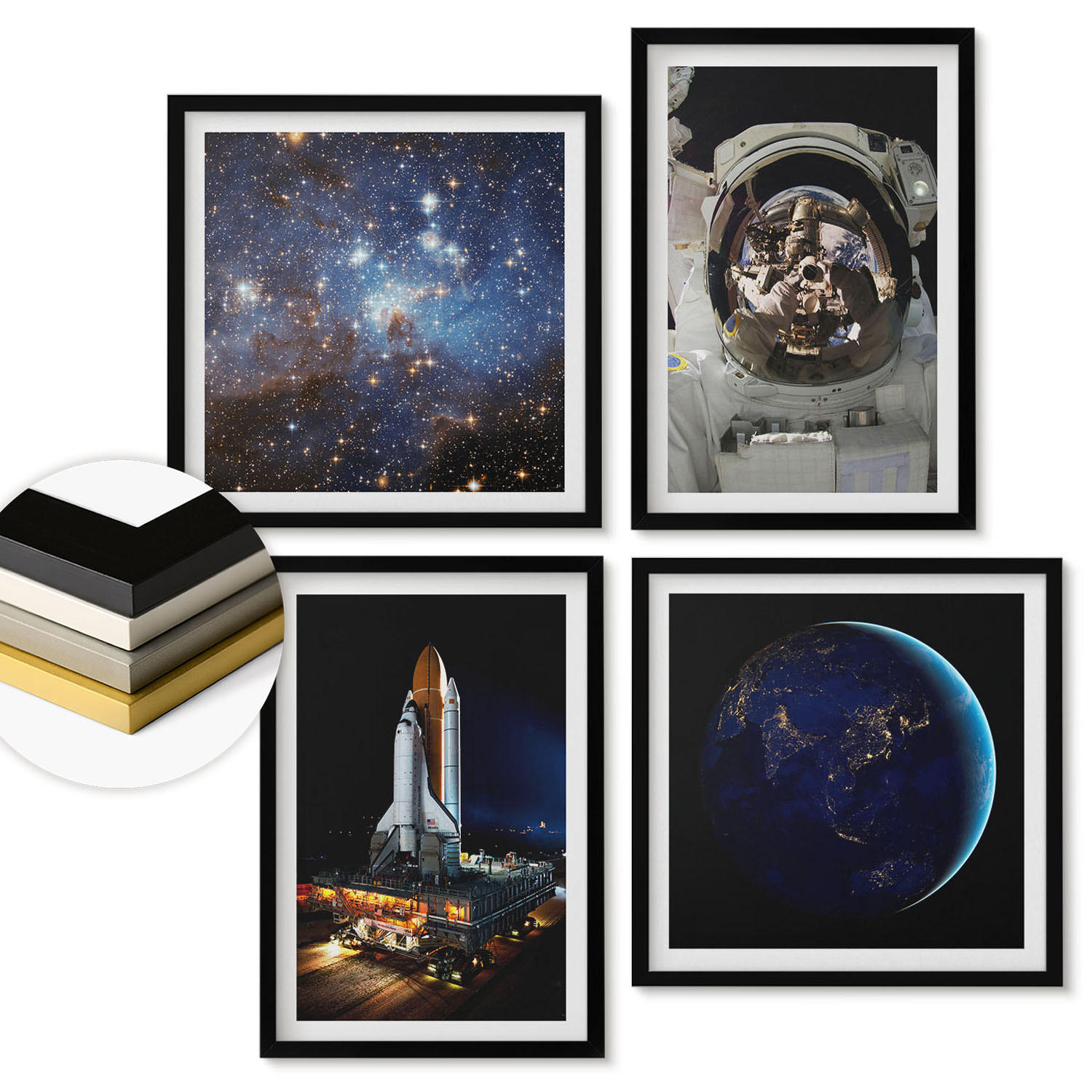 WANDBILDER 4er-Set - 50x50 cm & 40x60 cm Schwarzer Rahmen - Weltraum Erde Astronaut Rakete - Schwarz, Kunststoff (50/50cm) - ArtPrintCave