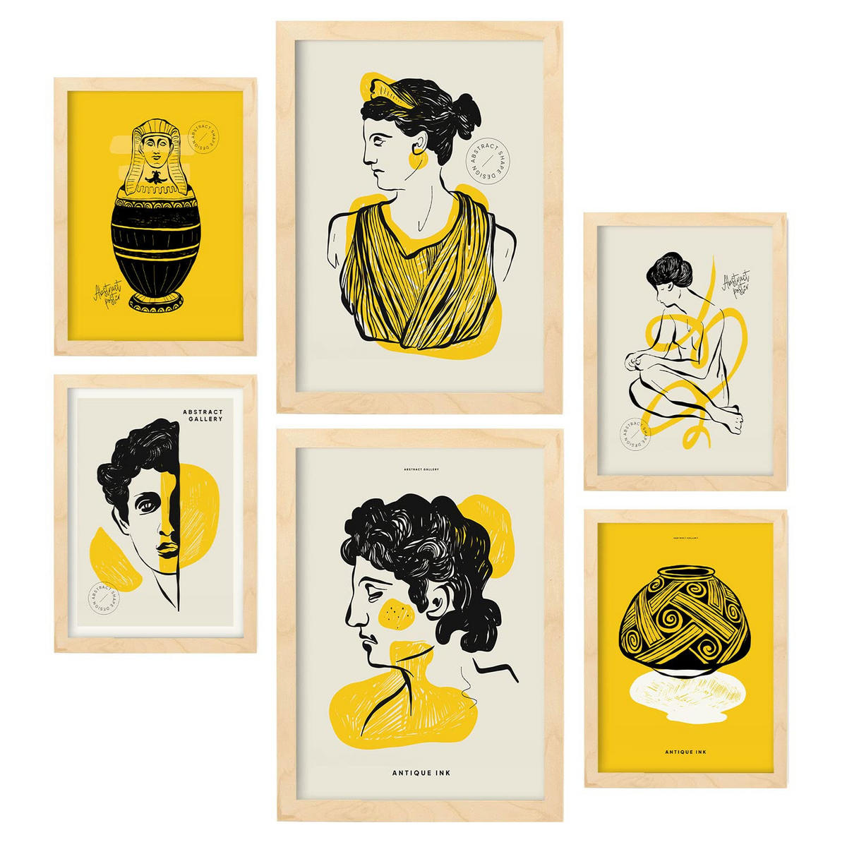 POSTER Set Mit 6 Schwarze Tintenprofile Größe A3 & A4 Rahmen aus hellem Holz - Beige, Papier (29.7/1cm) - Nacnic