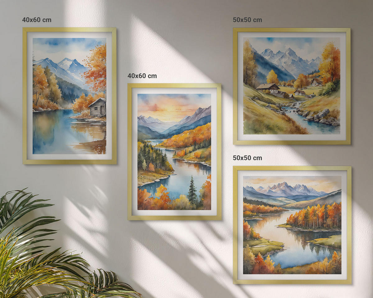 BILDER SET 4er Set - 50x50 cm & 40x60 cm Goldrahmen - Herbstliche Berge, Flusshütte - Goldfarben, Kunststoff (50/50cm) - TULUP