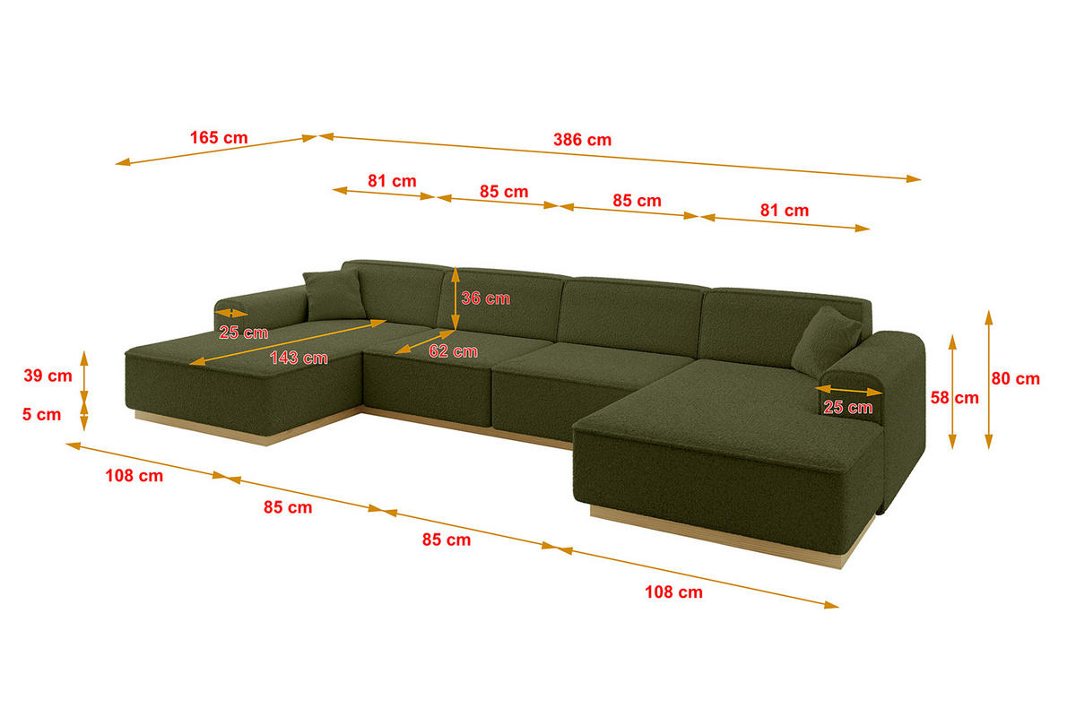 WOHNLANDSCHAFT IREA-U2-v2 - 386x165x80 cm Grün - Platinfarben, Holzwerkstoff/Textil (386/80/165cm) - ALTDECOR