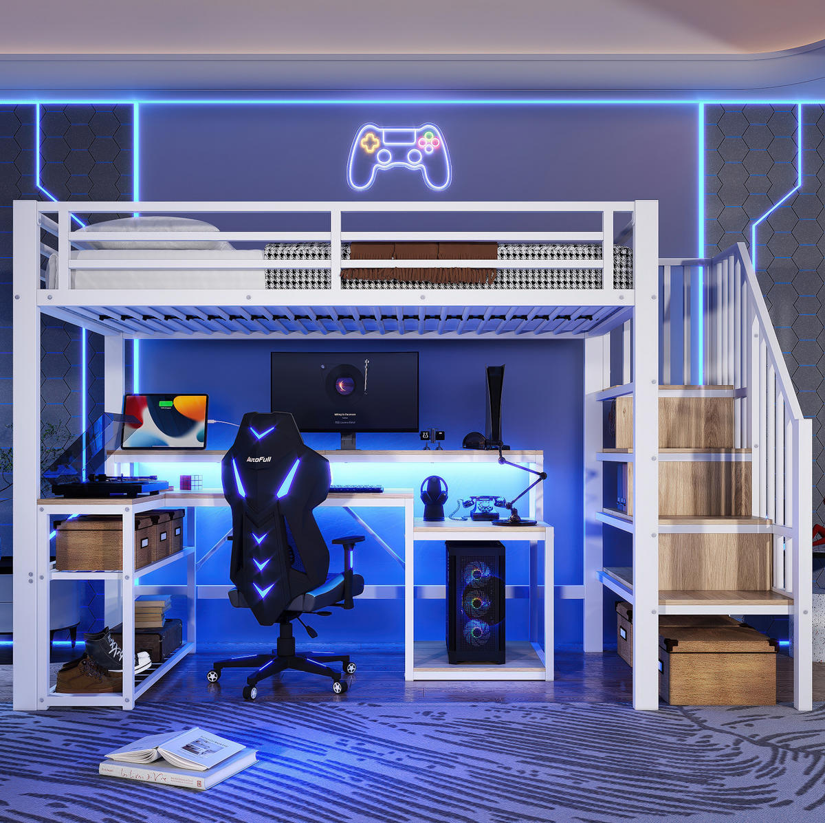HOCHBETT aus Metall und MDF 90x200 cm Weiß mit LED-Beleuchtung, USB-Anschluss, Schreibtisch und Stauraumtreppe - Weiß, Metall (90/190cm) - Modfu