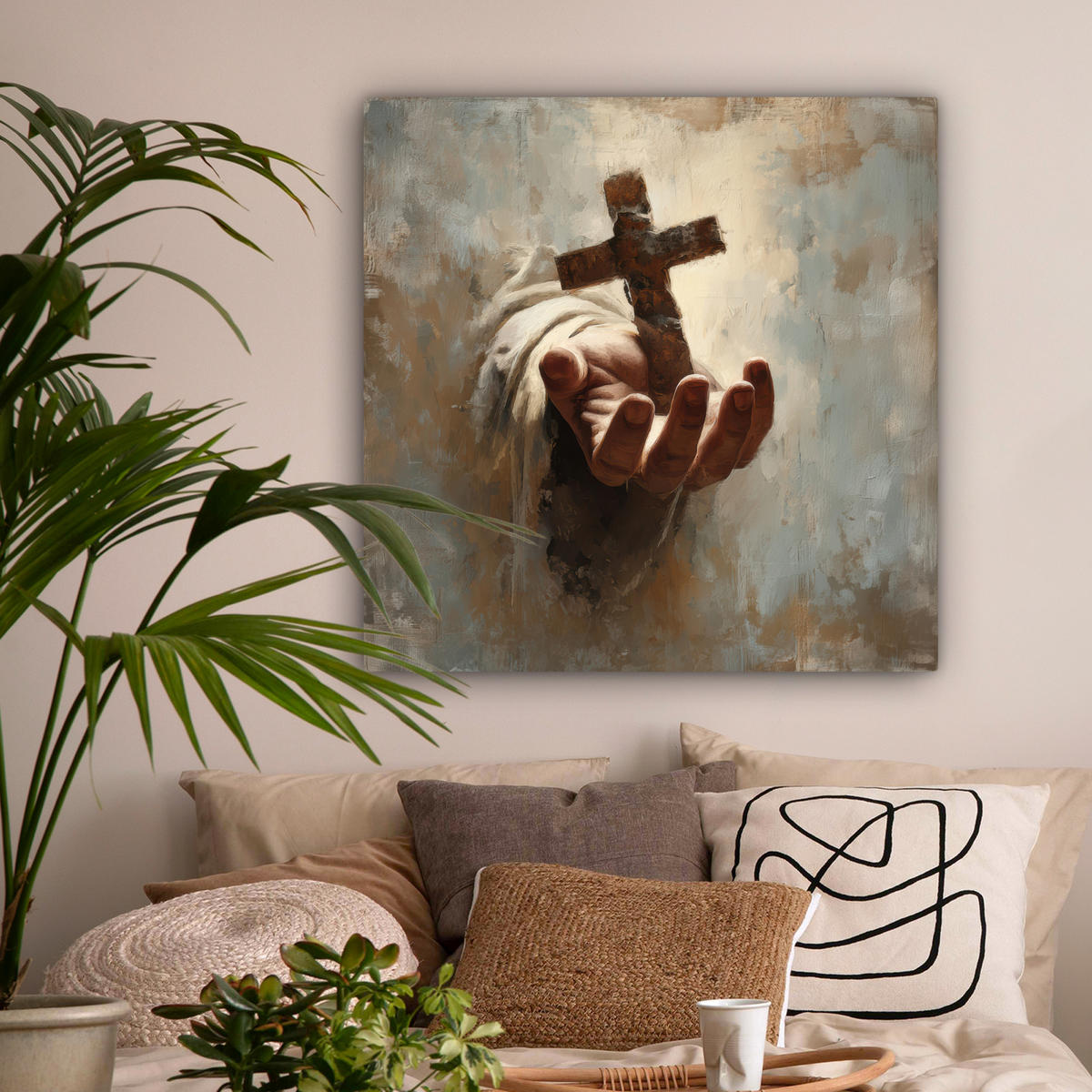 LEINWANDBILD Abstrakt - Kreuz - Hand - Christentum Deko Groß 90x90 cm - Hellbraun, Textil (90/90cm) - MuchoWow