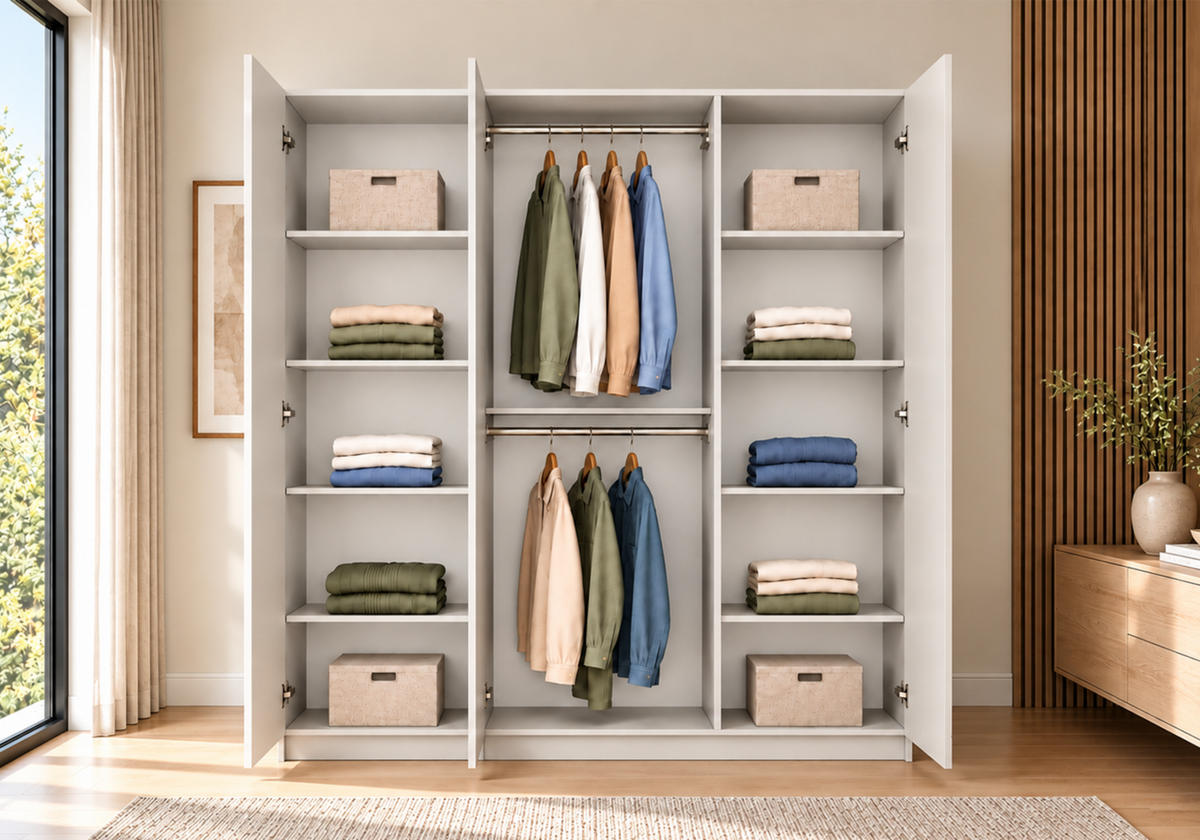 DREHTÜRENSCHRANK ROSA 3D 150/210/55, 3-türig, weiß - Kaschmir/Weiß, Holzwerkstoff (150/210/55cm) - imoebel24