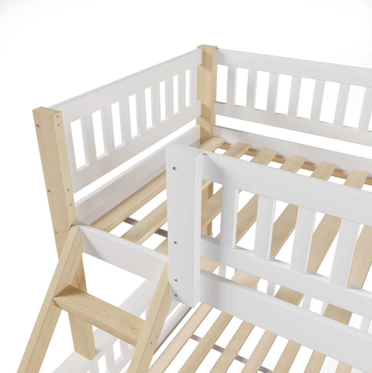 ETAGENBETT 90/200 cm + 140/200 cm, Weiß/Natur mit Leiter und Bettgitter ohne Matratze - Weiß, Holzwerkstoff (140/200cm) - MIVRAY