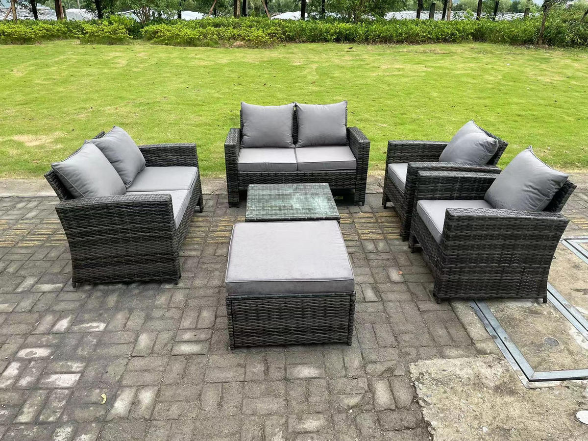 GARTENMÖBEL Set Polyrattan Dunkelgrau 7-Sitzer - Dunkelgrau, Metall - Fimous
