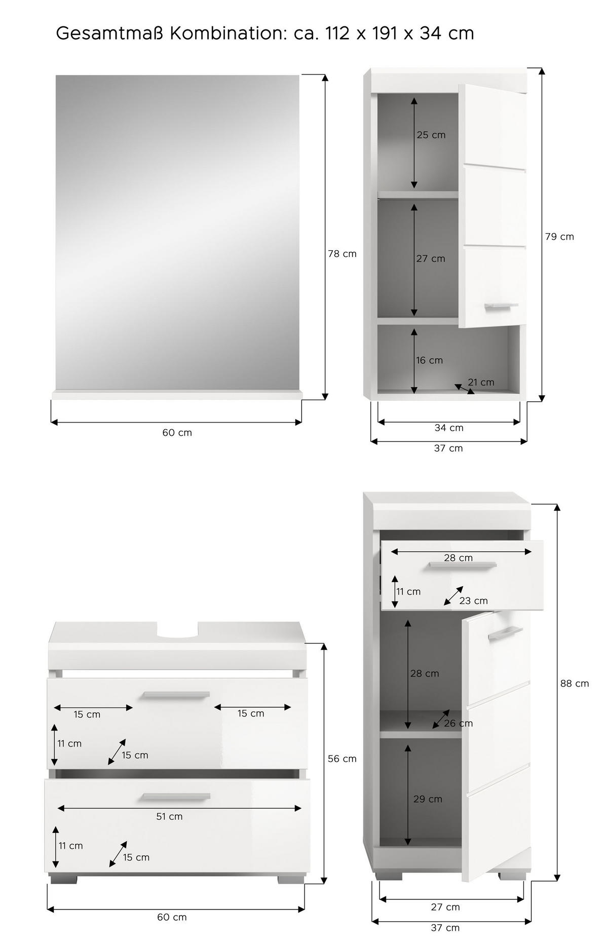 BADKOMBINATION 4tlg. Scout Bad in weiß Nachbildung und weiß hochglanz B/H/T: 112x191x34 cm - Weiß, Holz (112/191/37cm)