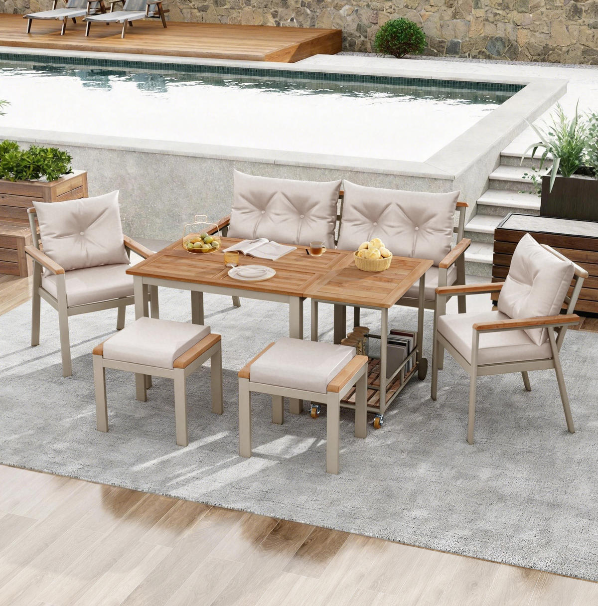 GARTEN-ESSGRUPPE 171/35/81 cm eige/Natur aus Akazienholz mit Servierwagen für 6-7 Personen - Beige, Metall - OKWISH