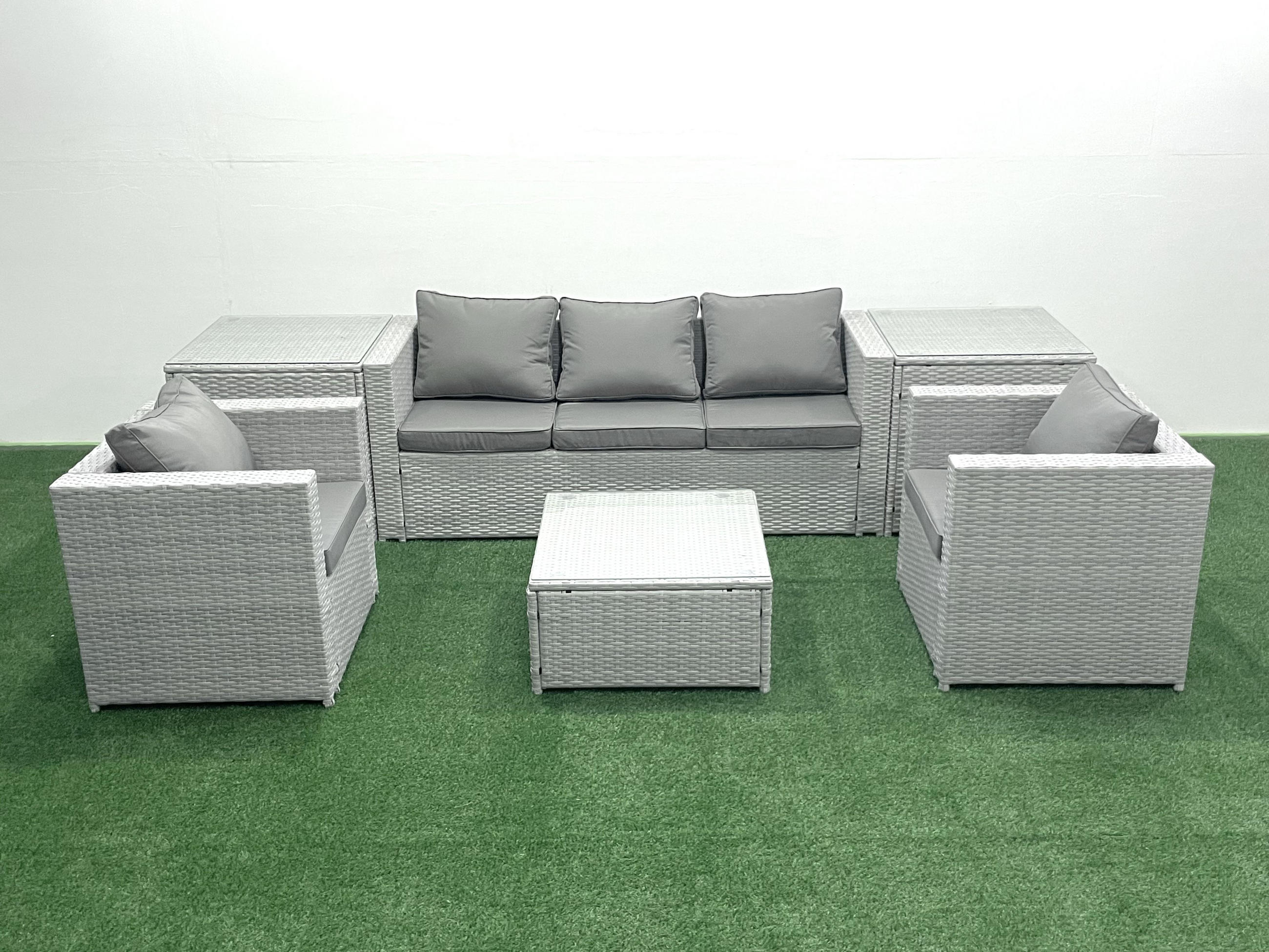 GARTENMÖBEL-SET mit Kissen Polyrattan Hellgrau-Mix 5-Sitzer - Hellgrau/Grau, Glas/Kunststoff - Fimous