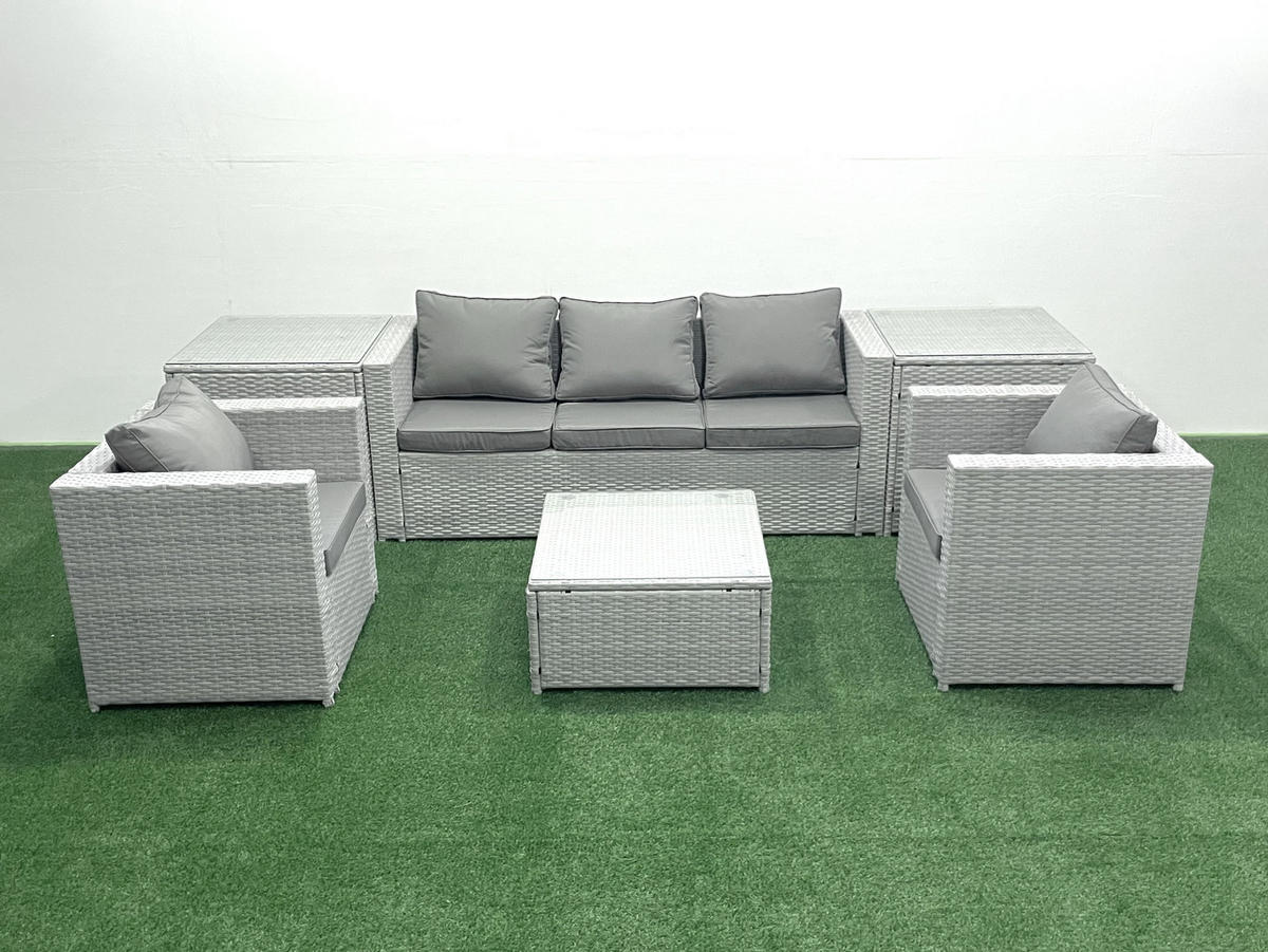 GARTENMÖBEL-SET mit Kissen Polyrattan Hellgrau-Mix 5-Sitzer - Hellgrau/Grau, Glas/Kunststoff - Fimous