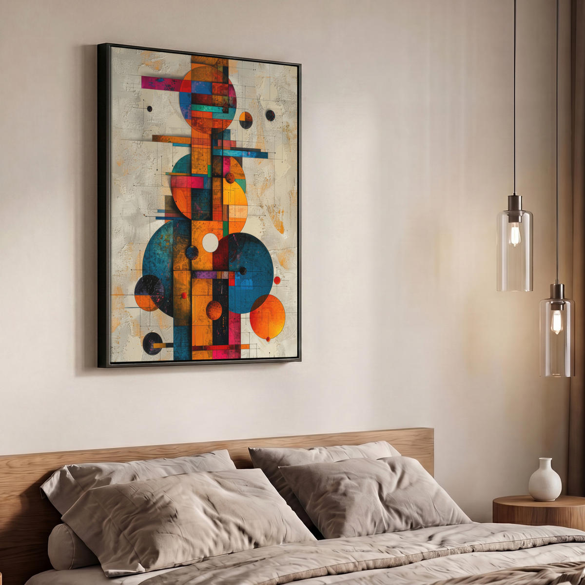 LEINWAND Bilder mit Rahmen - Vintage - Moderne Kunst - Orange - Geometrische Formen - 70x100 - Multicolor, Textil (70/100cm) - MuchoWow