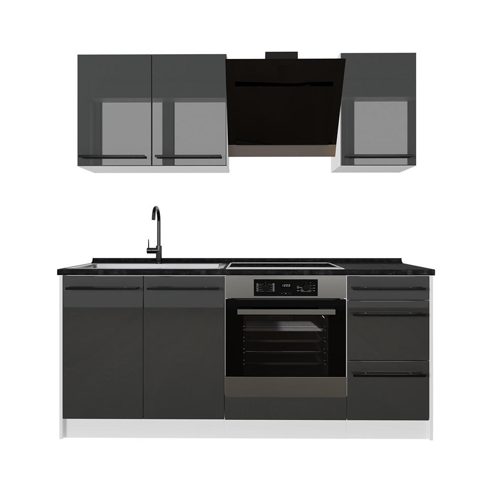 SINGLEKÜCHE R-Line, Anthrazit Hochglanz/Weiß, 180 cm Arbeitsplatte Anthrazit - Schwarz Hochglanz/Weiß, Holzwerkstoff (180/206.8/60cm) - Vicco