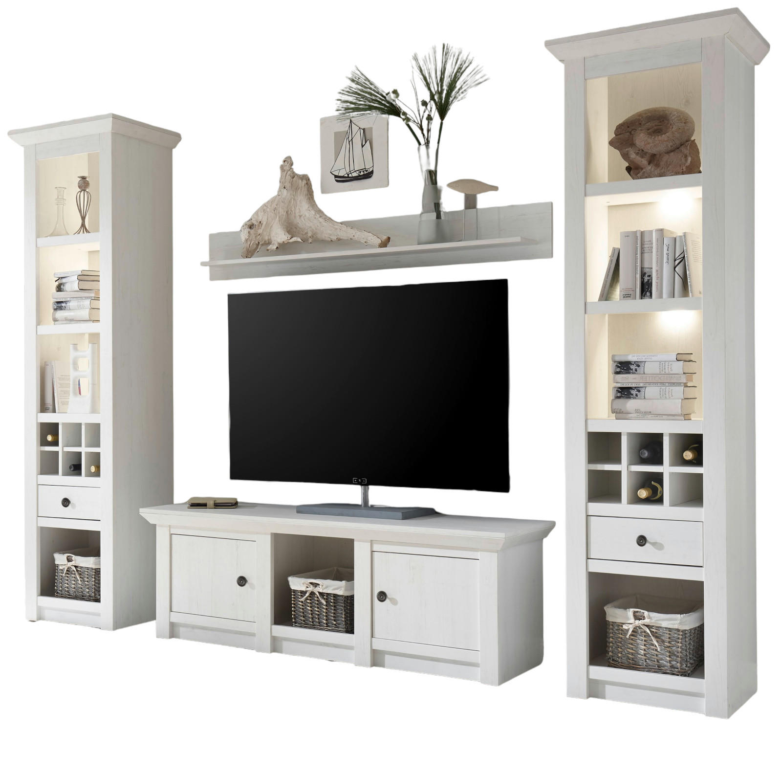 WOHNWAND Pinie weiß 4-teilig 288 cm, Schrankwand im Landhaus-Stil - Schwarz/Weiß, Glas/Holzwerkstoff (288/207/45cm) - Furn.Design