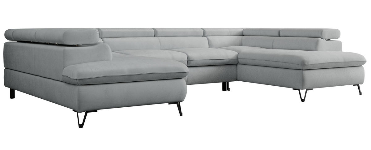 WOHNLANDSCHAFT PETER U Samt Hellgrau - Hellgrau/Schwarz, Textil/Metall (346/76/208cm) - MKS
