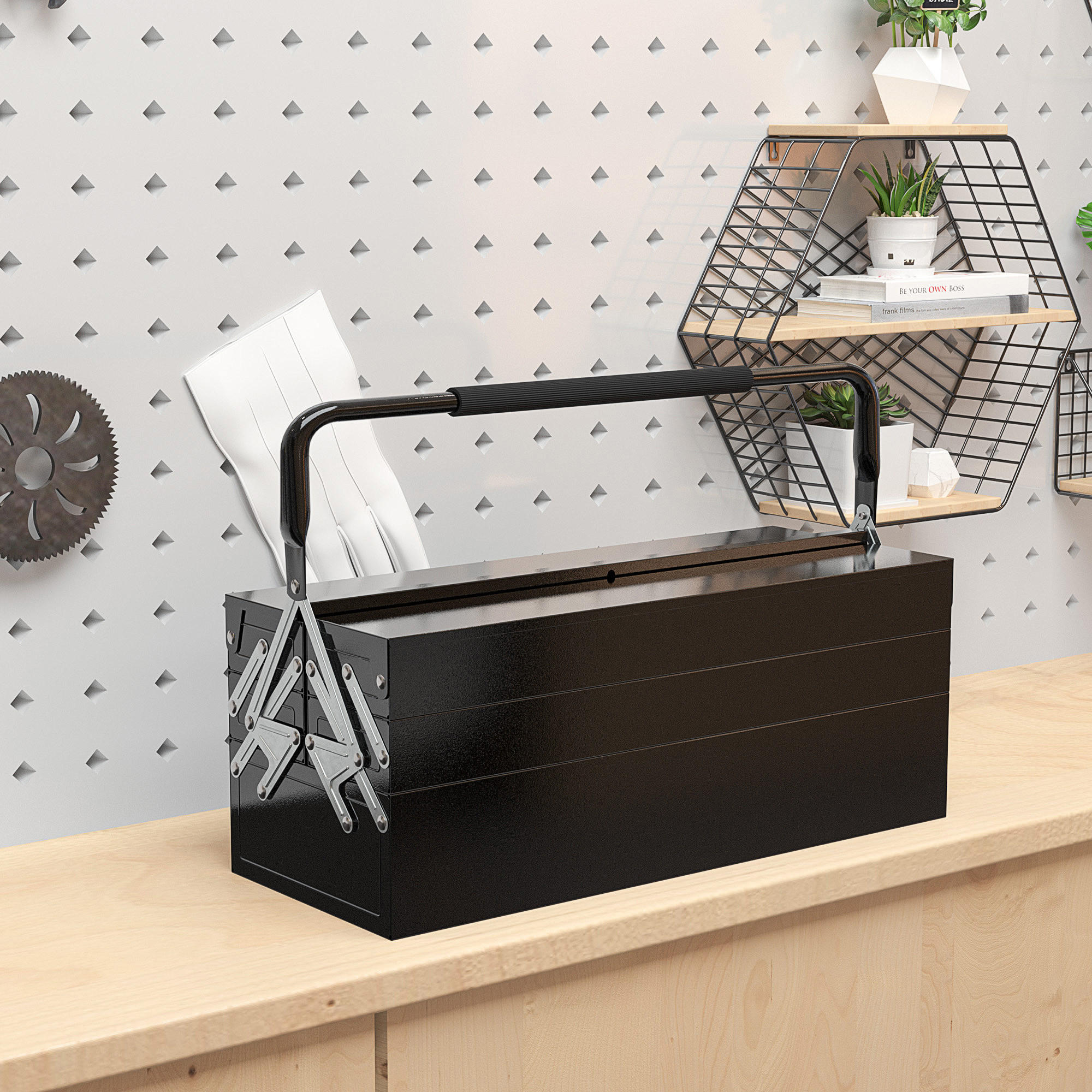 WERKZEUGKOFFER 5 Fächer aufklappbar, Schwarz 56 x 20 x 41 cm - Schwarz, Metall (56/41/20cm) - DURHAND
