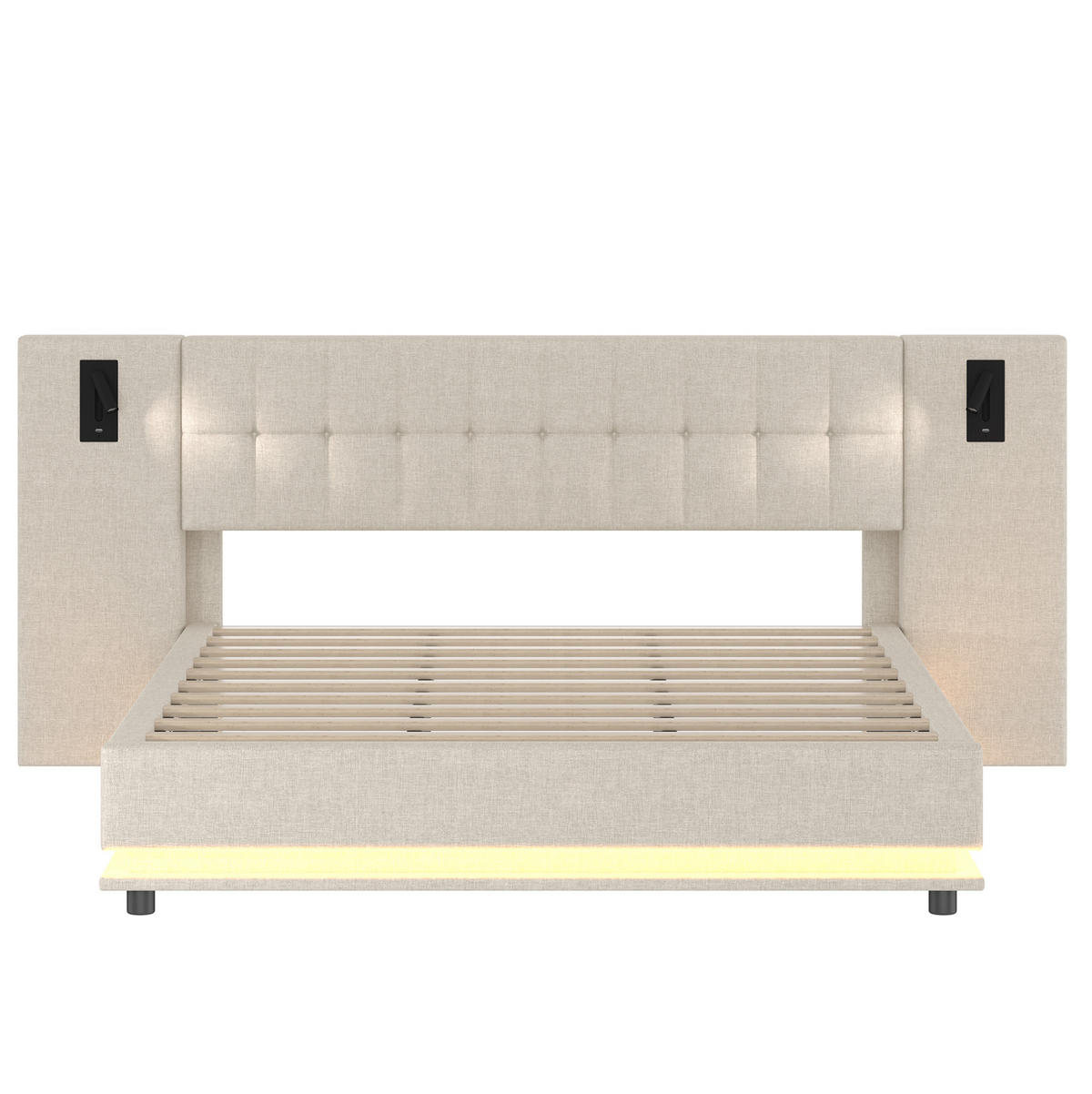ČALÚNENÁ posteľ 180/200 cm s LED osvetlením, USB portom a lampičkou v čele, bez matraca, Béžová - béžová, textil (180/200cm) - Redom