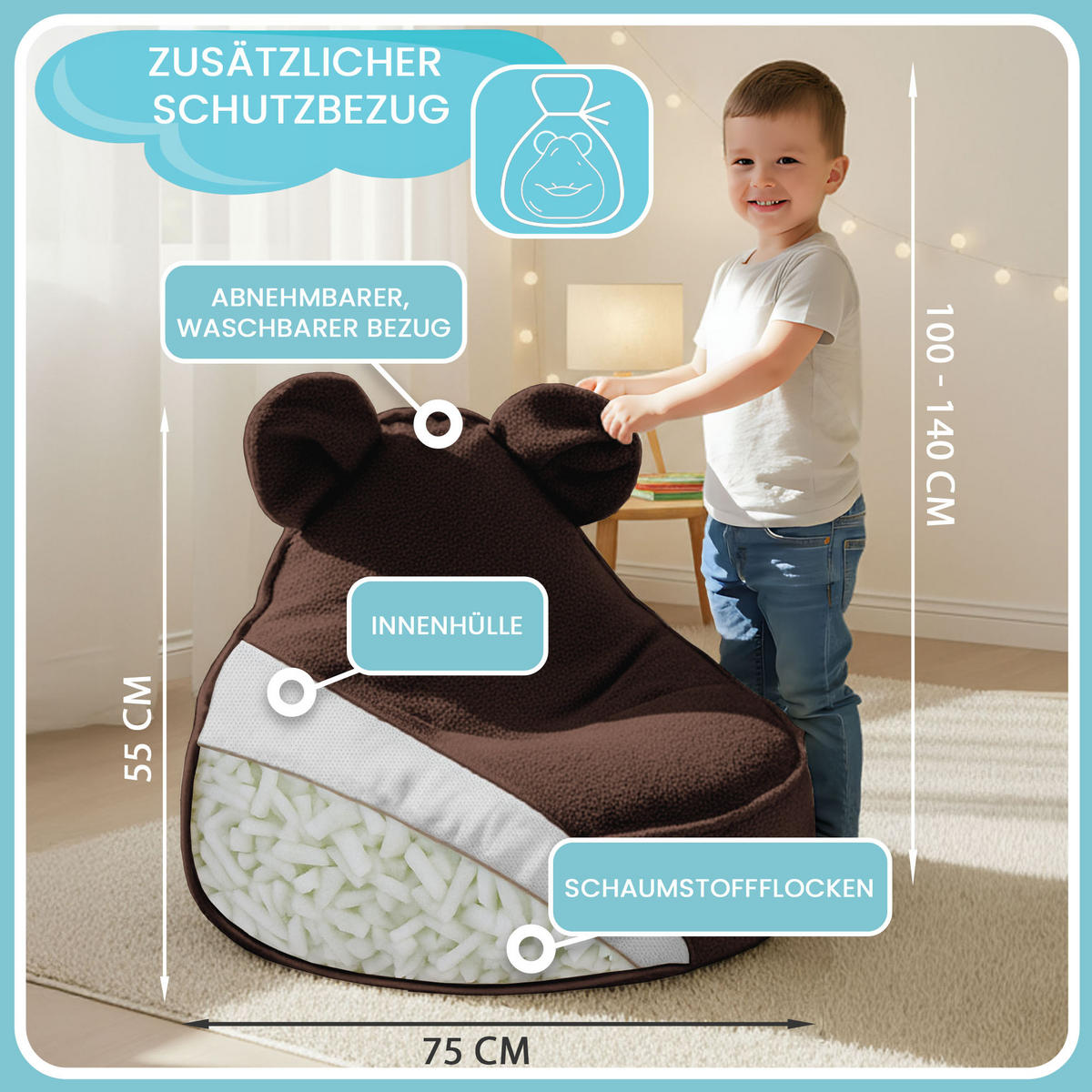 SITZSACK FÜR KINDER Maus 75/75/55 cm, weicher Bouclé 315 g/m², abnehmbarer Bezug, Cocoa Brown - Dunkelbraun, Textil (75/55/75cm) - Dreamroots