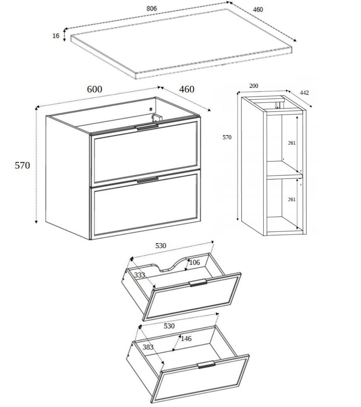 BADEZIMMERSCHRANK, Kaschmir / Dunkelgrau, Schwarze Griffe, 80 (60 + 20) x 46 x 57 cm - Kaschmir/Schwarz, Holzwerkstoff/Kunststoff (80/57/46cm) - 3XE LIVING