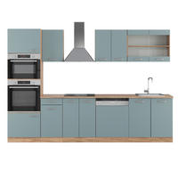 KÜCHENZEILE R-Line Blau-Grau/Goldkraft Eiche 300 cm mit Hochschrank ohne AP - Eiche Wotan/Blaugrau, Holzwerkstoff (300/81.6/46cm) - Vicco