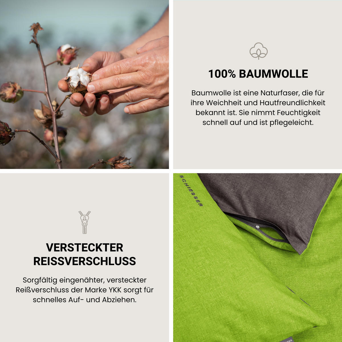 BETTWÄSCHESET Doubleface - Renforcé - 2-teilig - 155 x 220 cm - Grün-Dunkelgrau - Dunkelgrau/Grün, Textil (155/220cm) - SCHIESSER